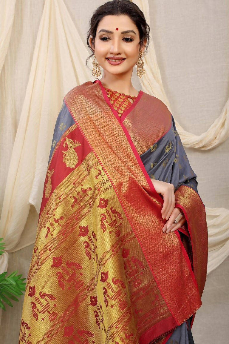Jyoti Fashion Women's Grey Banarasi Silk Zari Woven Saree with Blouse | Grocsy