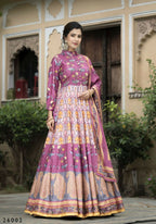 Wedding Designer Purple Soft Dola Silk Anarkali suit with Dupatta - Samanta | Grocsy