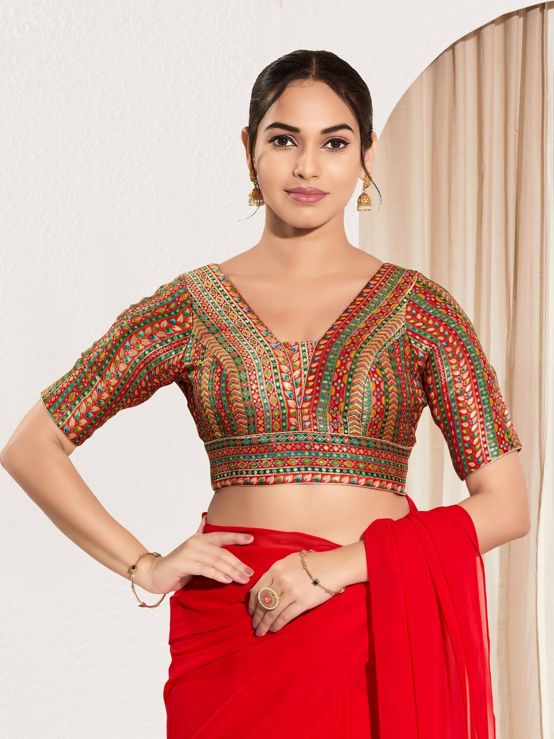 Joban Fashion Red Multi Brocade Padded Blouse With V Neck Elbow Sleeves | Grocsy