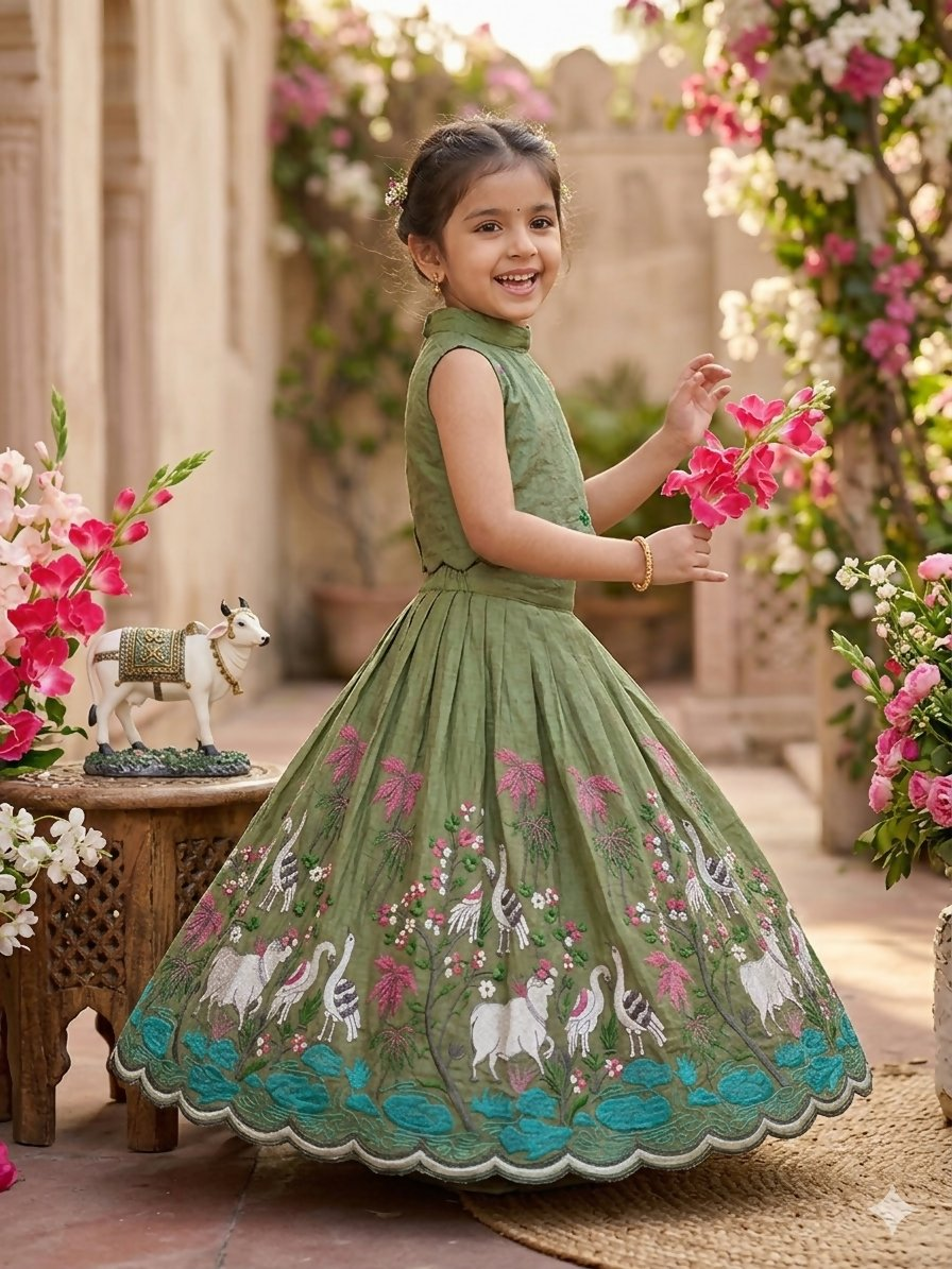 Teeya Creation New Girls Earthy Olive Green Pichwai Embroidered Lehenga Choli Set-Green | Grocsy