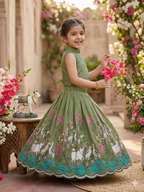 Teeya Creation New Girls Earthy Olive Green Pichwai Embroidered Lehenga Choli Set-Green | Grocsy