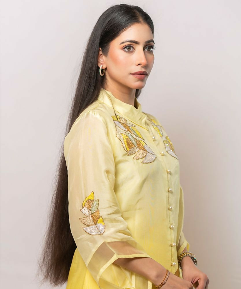 Timaraa Aurora Yellow Ombre Shaded Silk Co-Ord Set | Grocsy