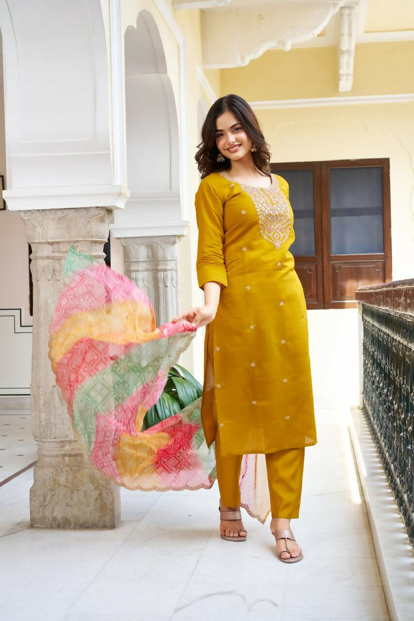 The52 Women's Beautiful Viscose Chanderi Fabric Embroidery Work Straight Kurta Pant and Dupatta Set | Grocsy