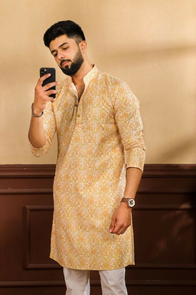 Mustard Art Silk Digital Printed, Embroidery Work Kurta Set - Mahotsav | Grocsy
