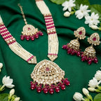 Jewel City Long Pearl Mala Golden Rainbow Diamond Studded Jumkee Tikka Necklace Set | Grocsy