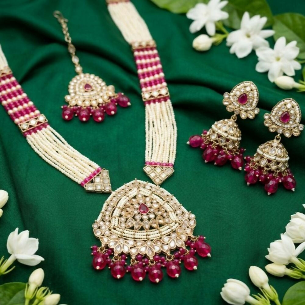 Jewel City Long Pearl Mala Golden Rainbow Diamond Studded Jumkee Tikka Necklace Set | Grocsy