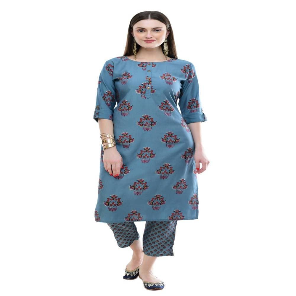 Lagi Women's Turquoise Blue Printed Straight Kurta & Pant (MC39A) | Grocsy