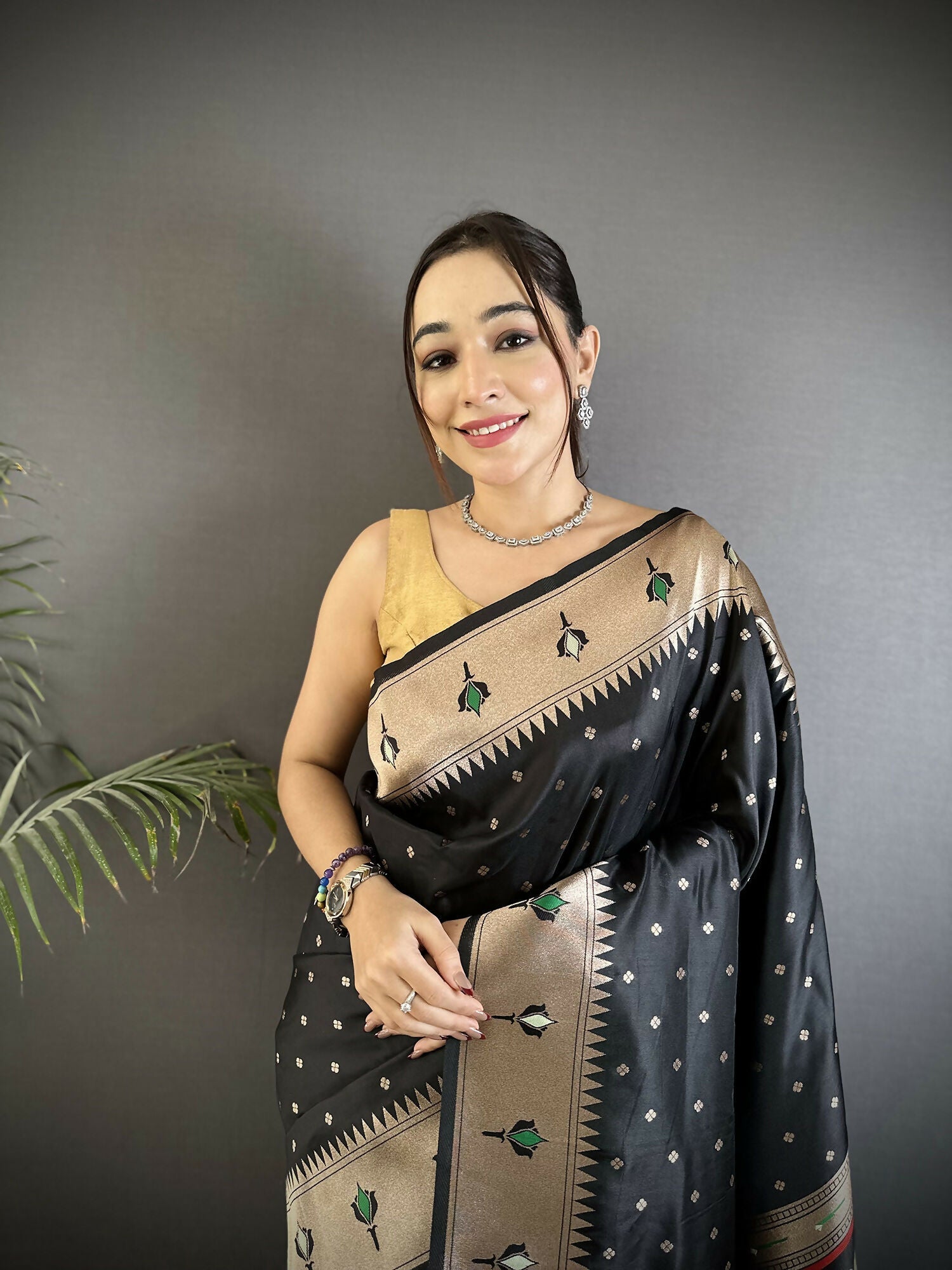 Joban Fashion Black Peacock & Floral Motifs Soft Lichi Silk Kanchipuram Saree | Grocsy