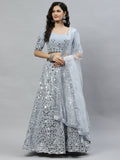 Sky Blue Georgette Paper Mirror Embroidery Work Lehenga Choli with Dupatta - Jivika | Grocsy