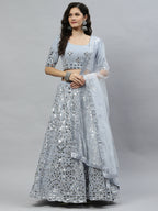 Sky Blue Georgette Paper Mirror Embroidery Work Lehenga Choli with Dupatta - Jivika | Grocsy