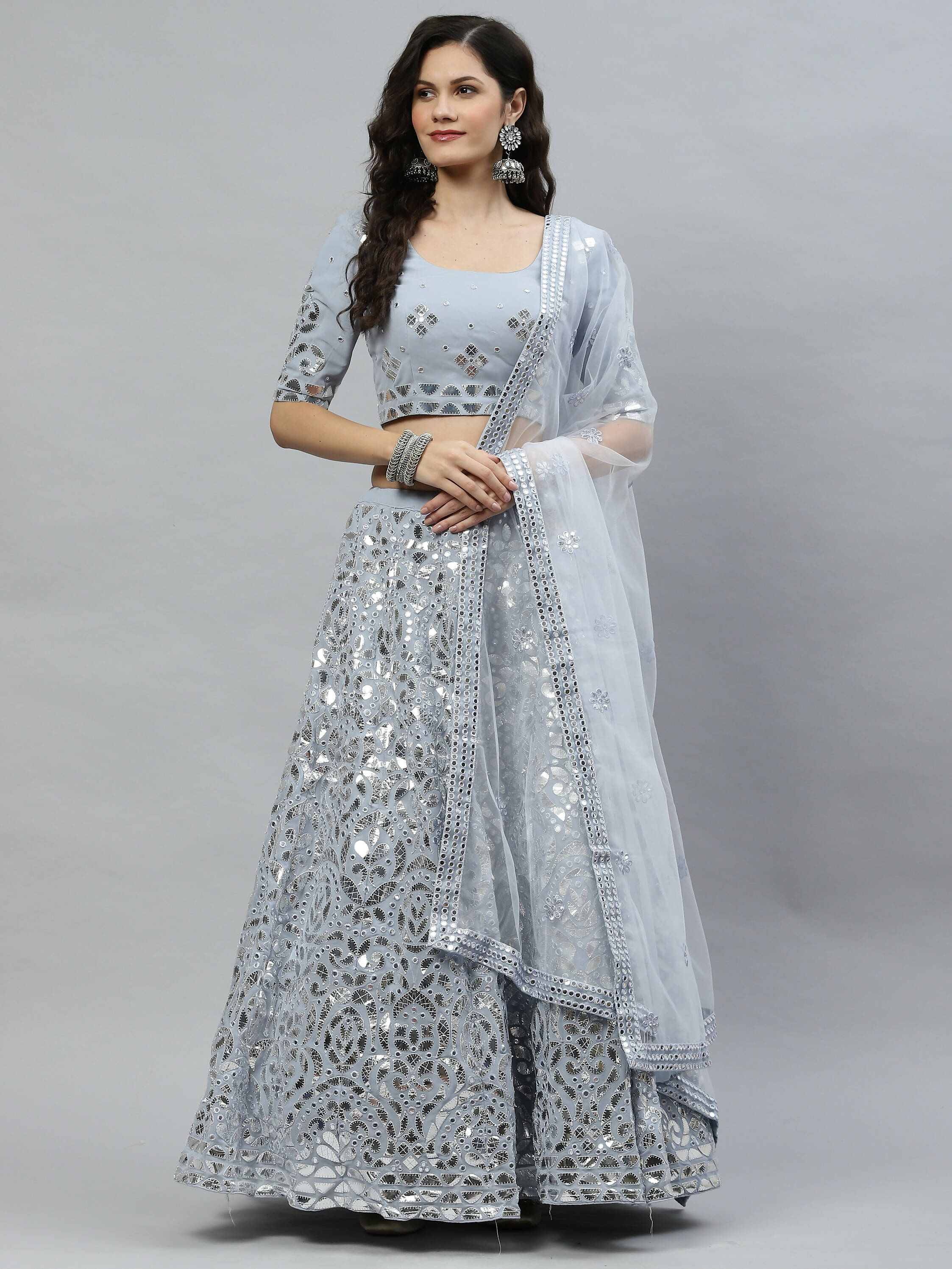 Sky Blue Georgette Paper Mirror Embroidery Work Lehenga Choli with Dupatta - Jivika | Grocsy