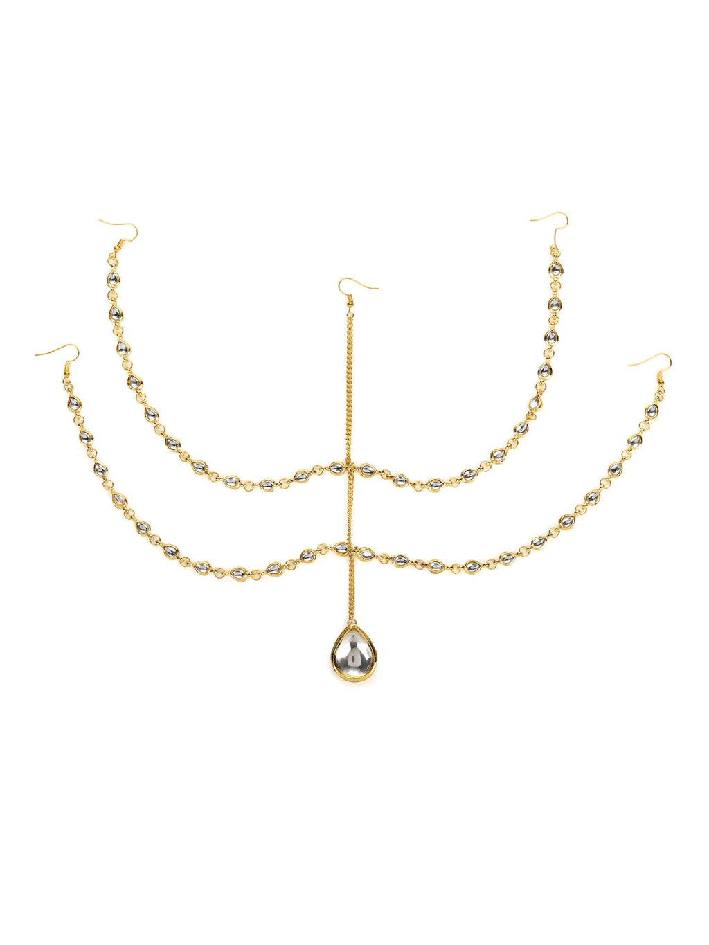 Gold-Polished White Faux Kundan-Studded Faux Pearl Beaded Handcrafted Matha Patti - Ruby Raang | Grocsy
