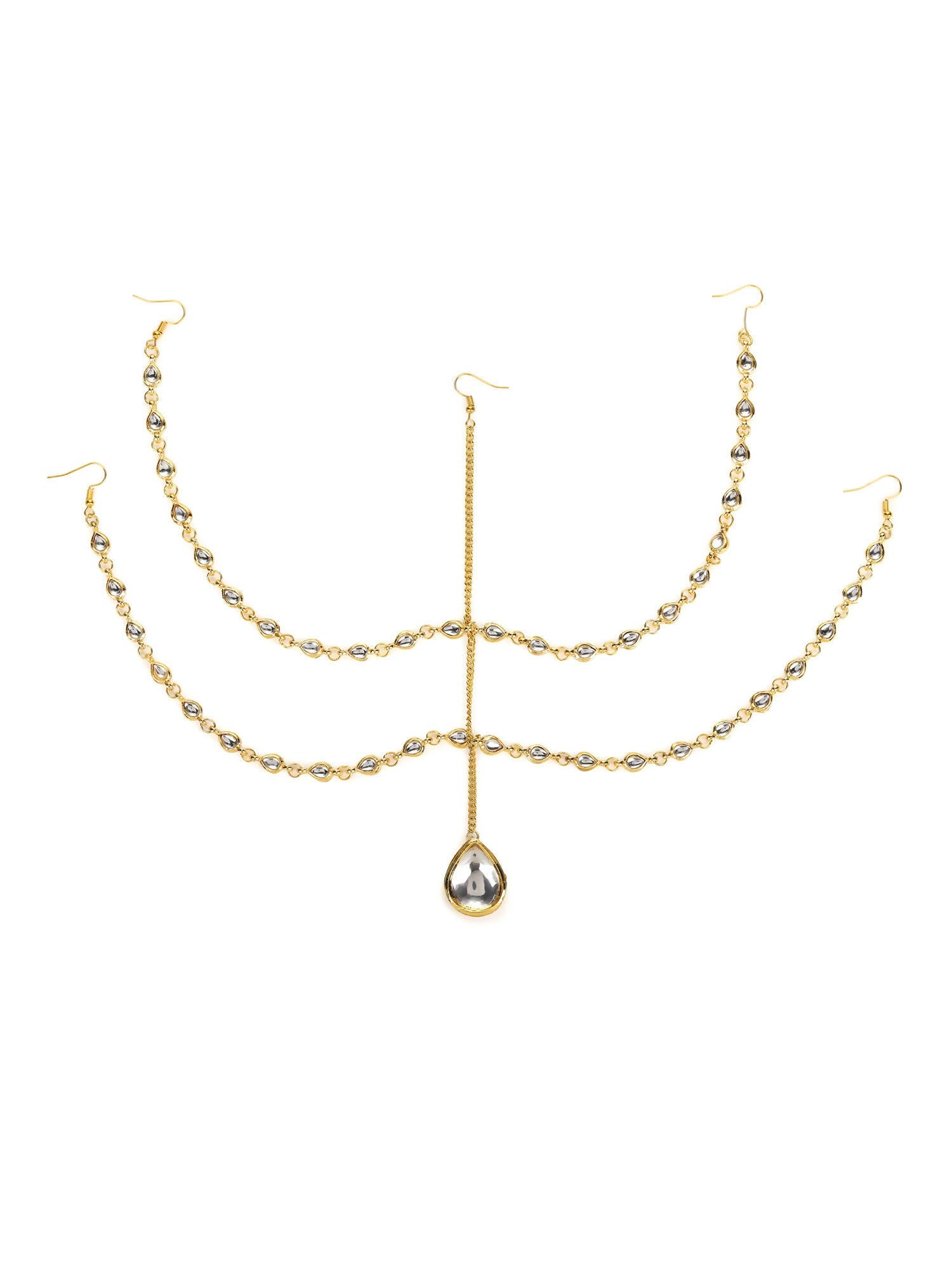 Gold-Polished White Faux Kundan-Studded Faux Pearl Beaded Handcrafted Matha Patti - Ruby Raang | Grocsy