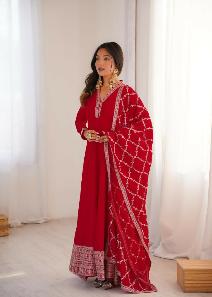 Lehenga Mart Designer Anarkali Suit With Kurta, Dupatta For Women-Red | Grocsy
