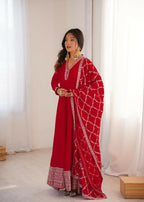 Lehenga Mart Designer Anarkali Suit With Kurta, Dupatta For Women-Red | Grocsy