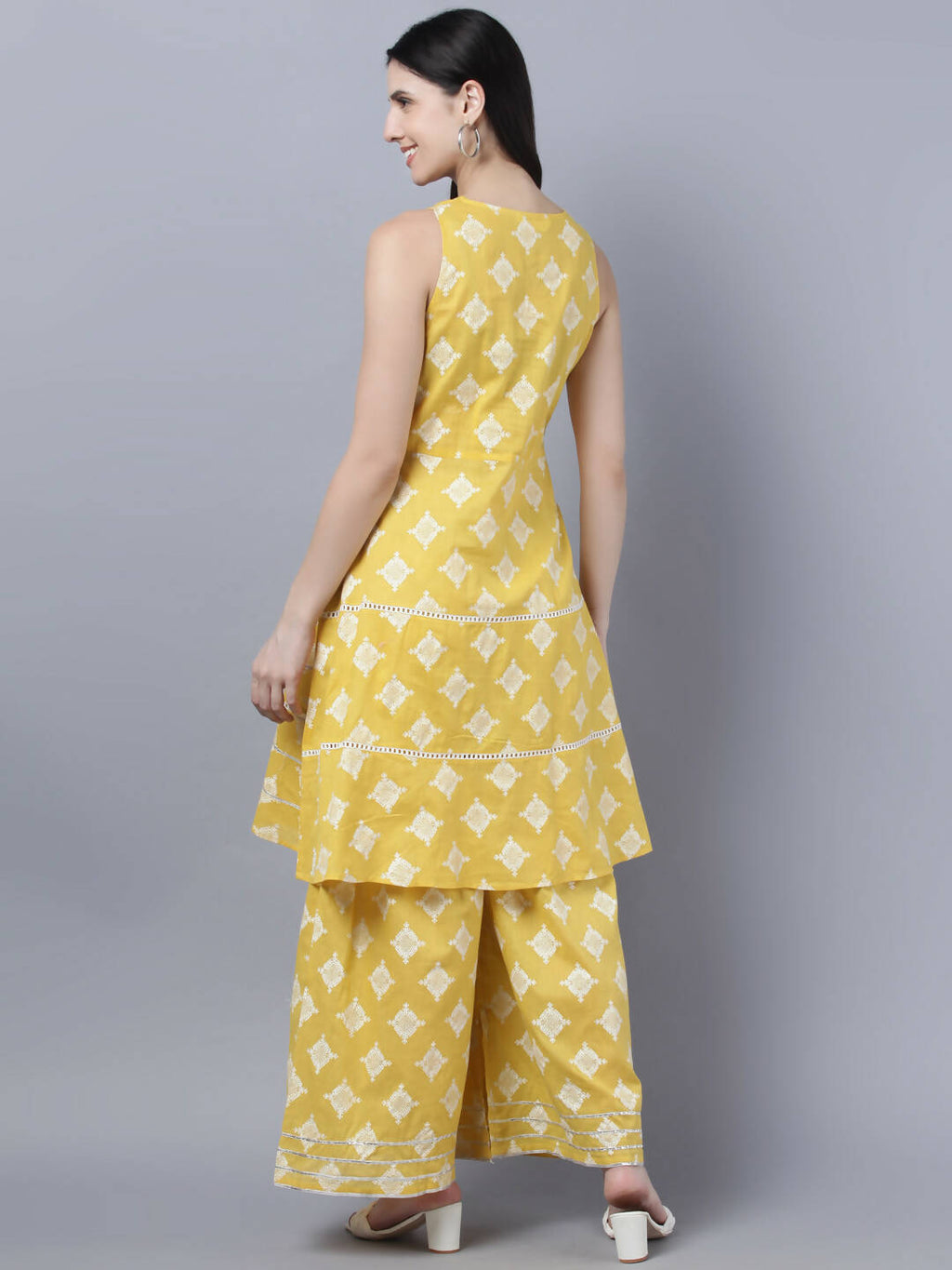 Myshka Women Yellow Floral Pure Cotton Kurti with Palazzos With Dupatta | Grocsy