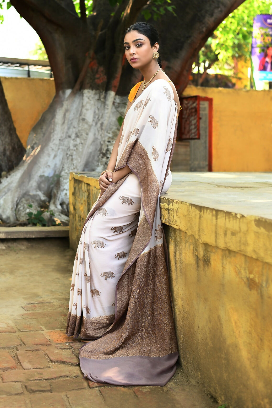 Joban Fashion Ivory Crepe Chiffon Pure Handloom Banarasi Silk Saree | Grocsy