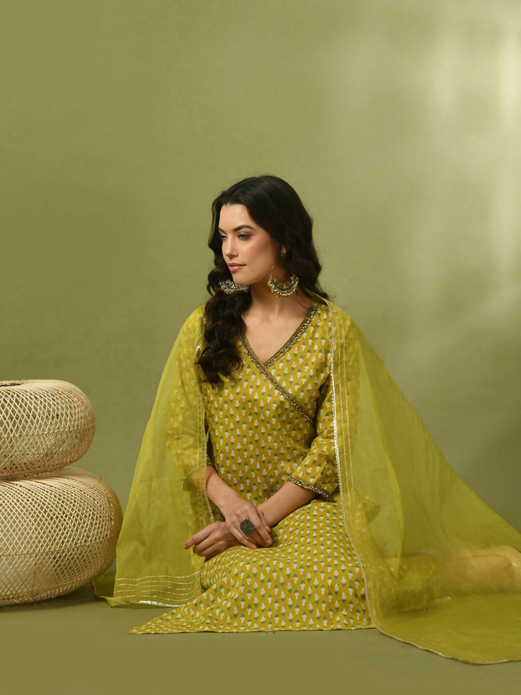 Myshka Women's Yellow Printed Cotton Straight Party Kurta Set With Dupatta | Grocsy