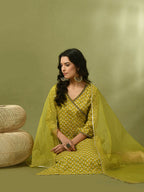 Myshka Women's Yellow Printed Cotton Straight Party Kurta Set With Dupatta | Grocsy