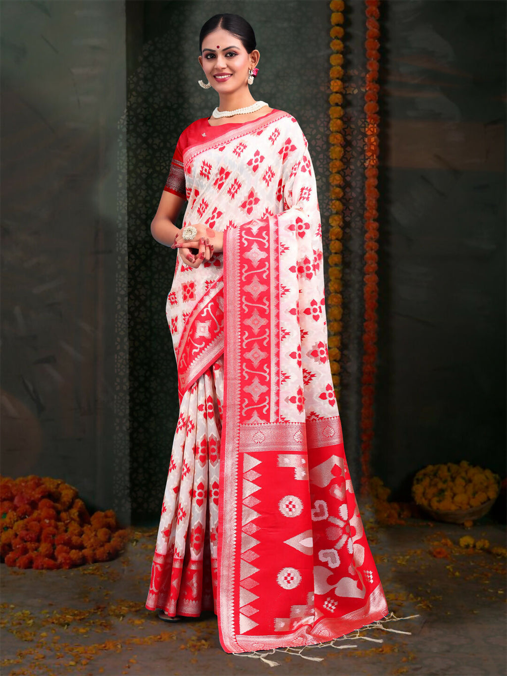 Shree Shyam Fashion Devistuti Red White Linen Cotton Saree | Grocsy