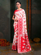 Shree Shyam Fashion Devistuti Red White Linen Cotton Saree | Grocsy