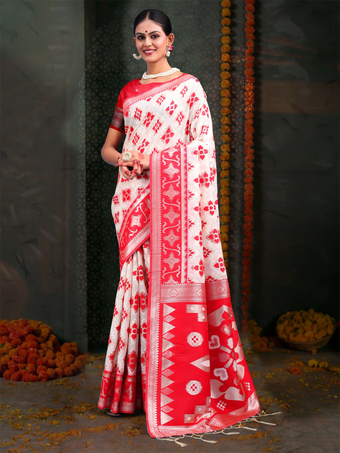 Shree Shyam Fashion Devistuti Red White Linen Cotton Saree | Grocsy