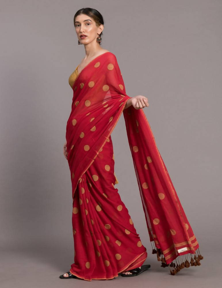 Suta Red Beige Polka Printed Pure Cotton Saree | Grocsy