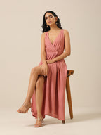 trueBrowns Light Mauve Slub Texture Sleeveless Wrap Dress | Grocsy