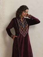 trueBrowns Purple Velvet Geometric Embroidered Kurta Pant Dupatta Set | Grocsy