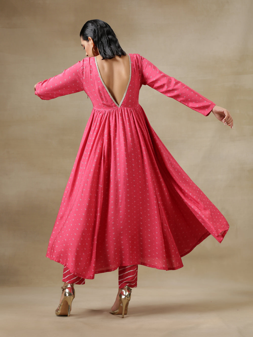 trueBrowns Pink Bandhani Printed Silk Anarkali Kurta Pant Dupatta Set | Grocsy