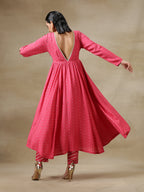 trueBrowns Pink Bandhani Printed Silk Anarkali Kurta Pant Dupatta Set | Grocsy