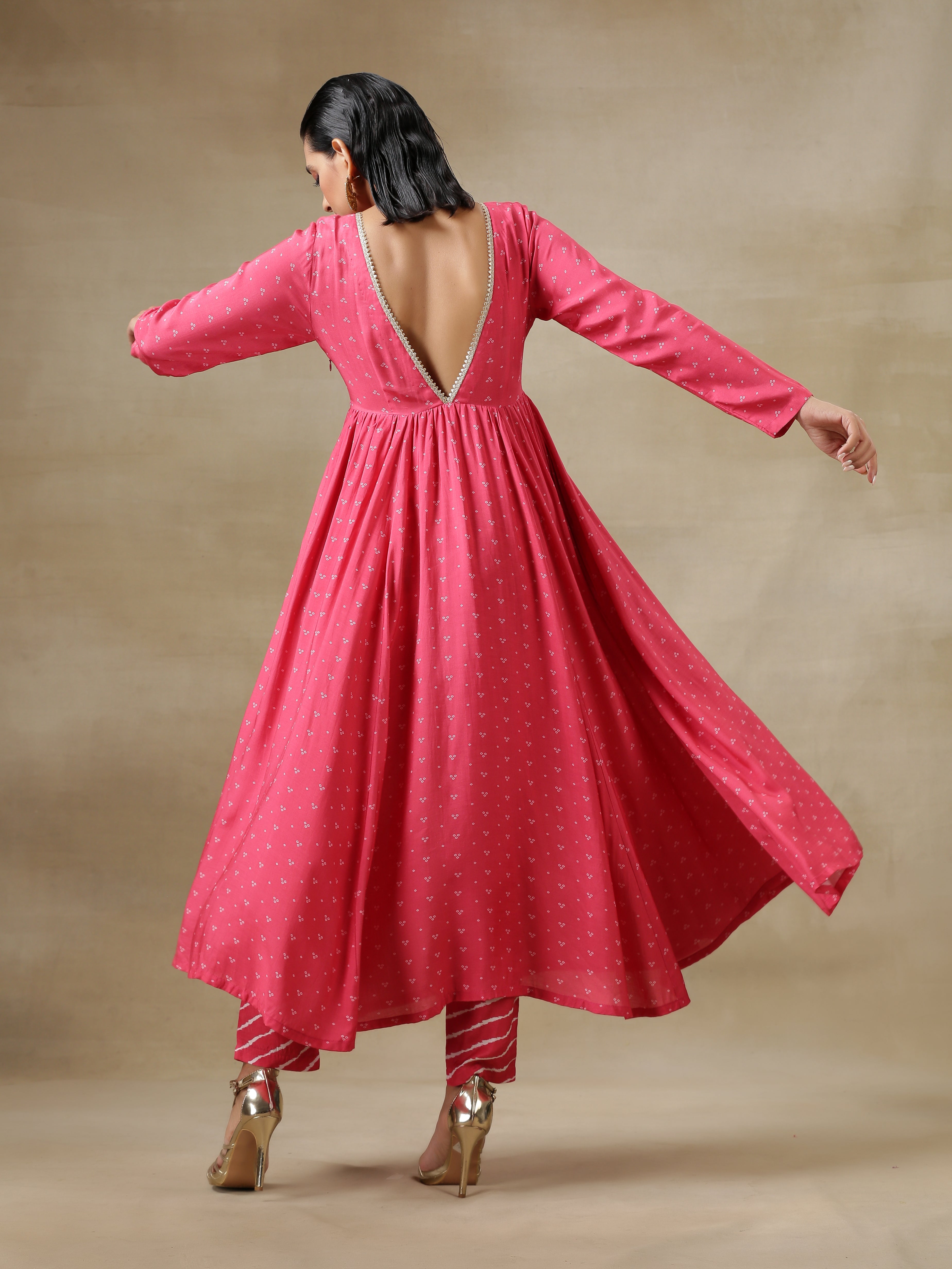 trueBrowns Pink Bandhani Printed Silk Anarkali Kurta Pant Dupatta Set | Grocsy