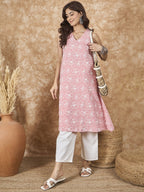 InWeave Pastel Peach V Neck Aline Kurta Set | Grocsy