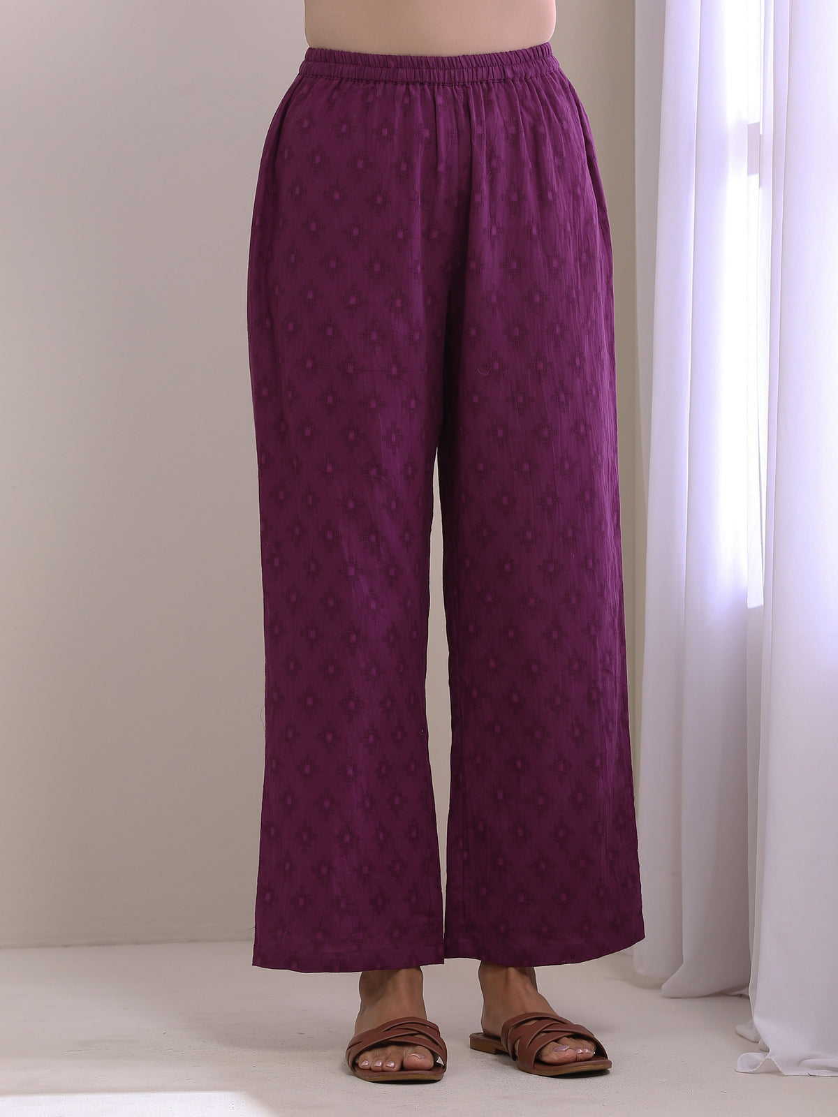 trueBrowns Plum Purple Dobby Gathers Co-Ord Set | Grocsy