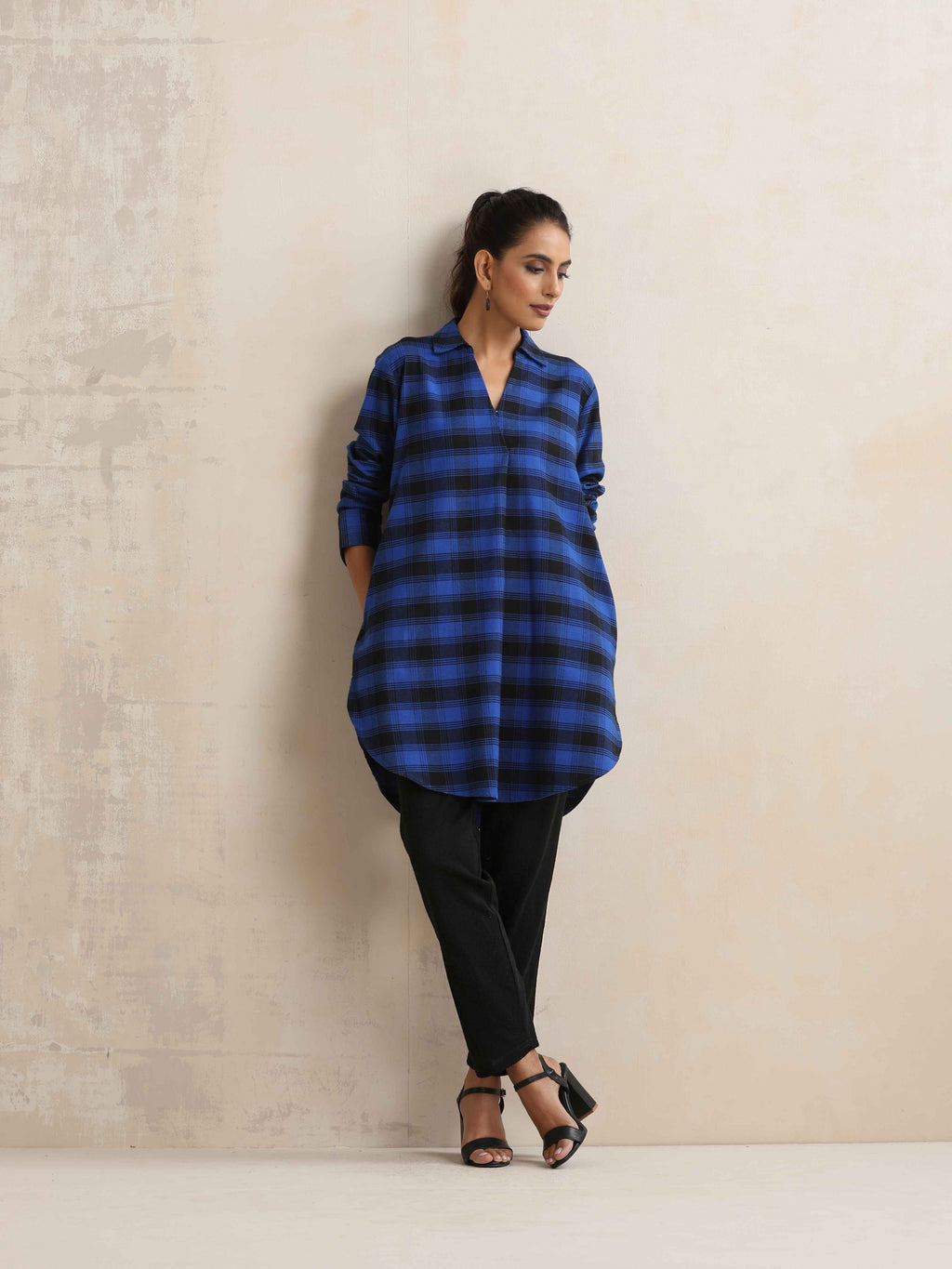 trueBrowns Blue Check Pleated Winter Top | Grocsy