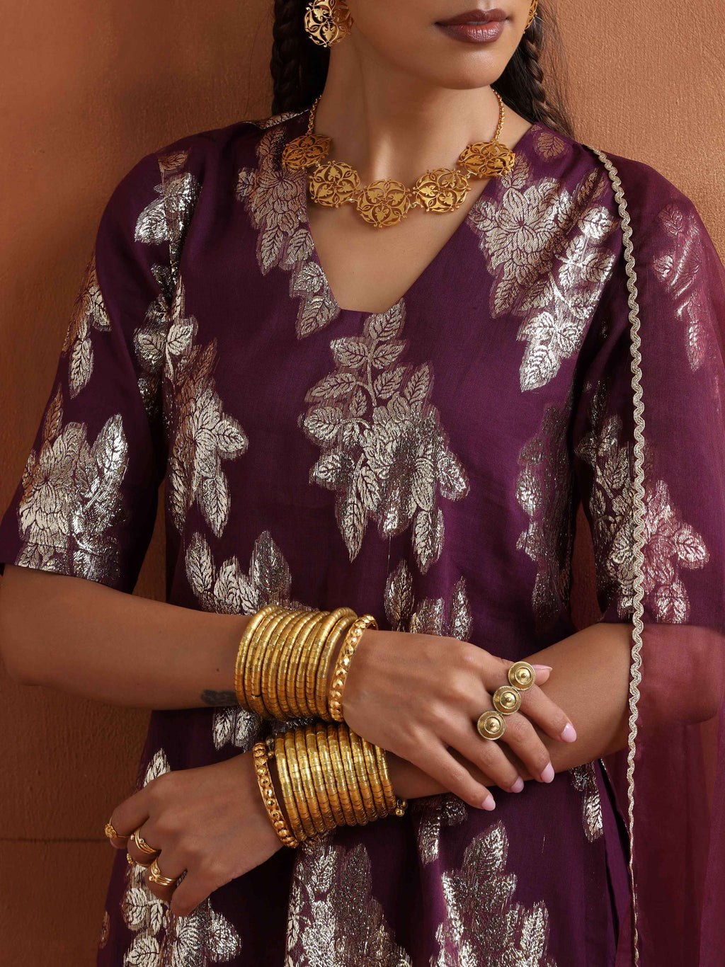 trueBrowns Purple Metallic Sharara Dupatta Set | Grocsy