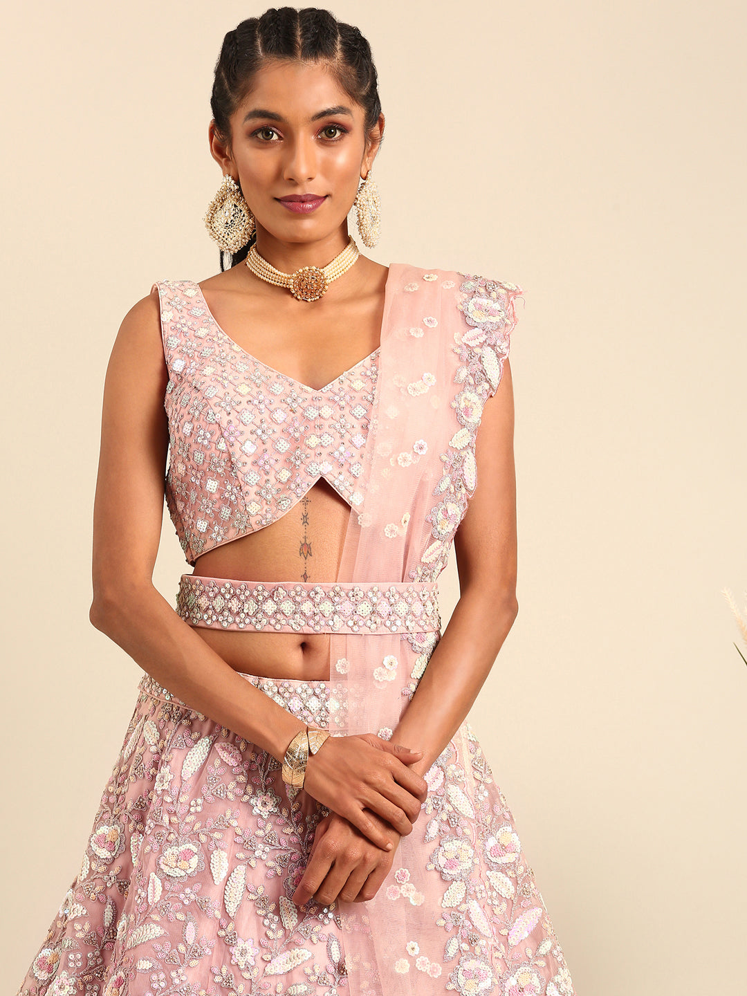 House of Panchhi Pink Net Multi Sequins with heavy Zarkan embroidery Lehenga choli & Dupatta | Grocsy