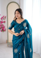 Evanik Designer Heavy Fendy Satin With Beads Embroidered Work Saree With Unstitched Blouse | Grocsy