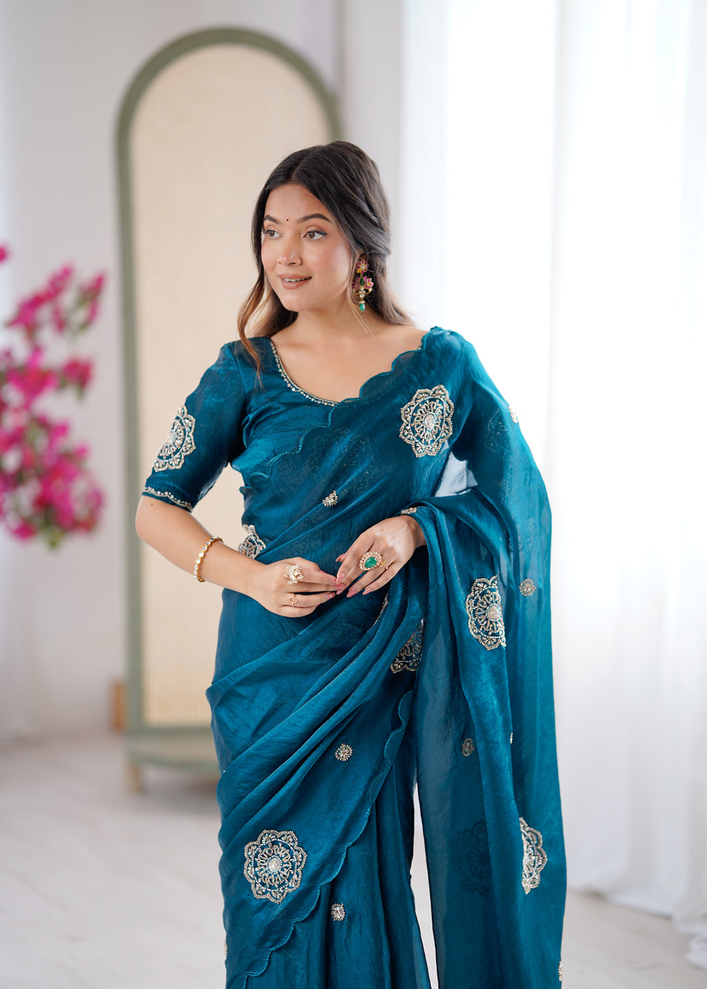 Evanik Designer Heavy Fendy Satin With Beads Embroidered Work Saree With Unstitched Blouse | Grocsy