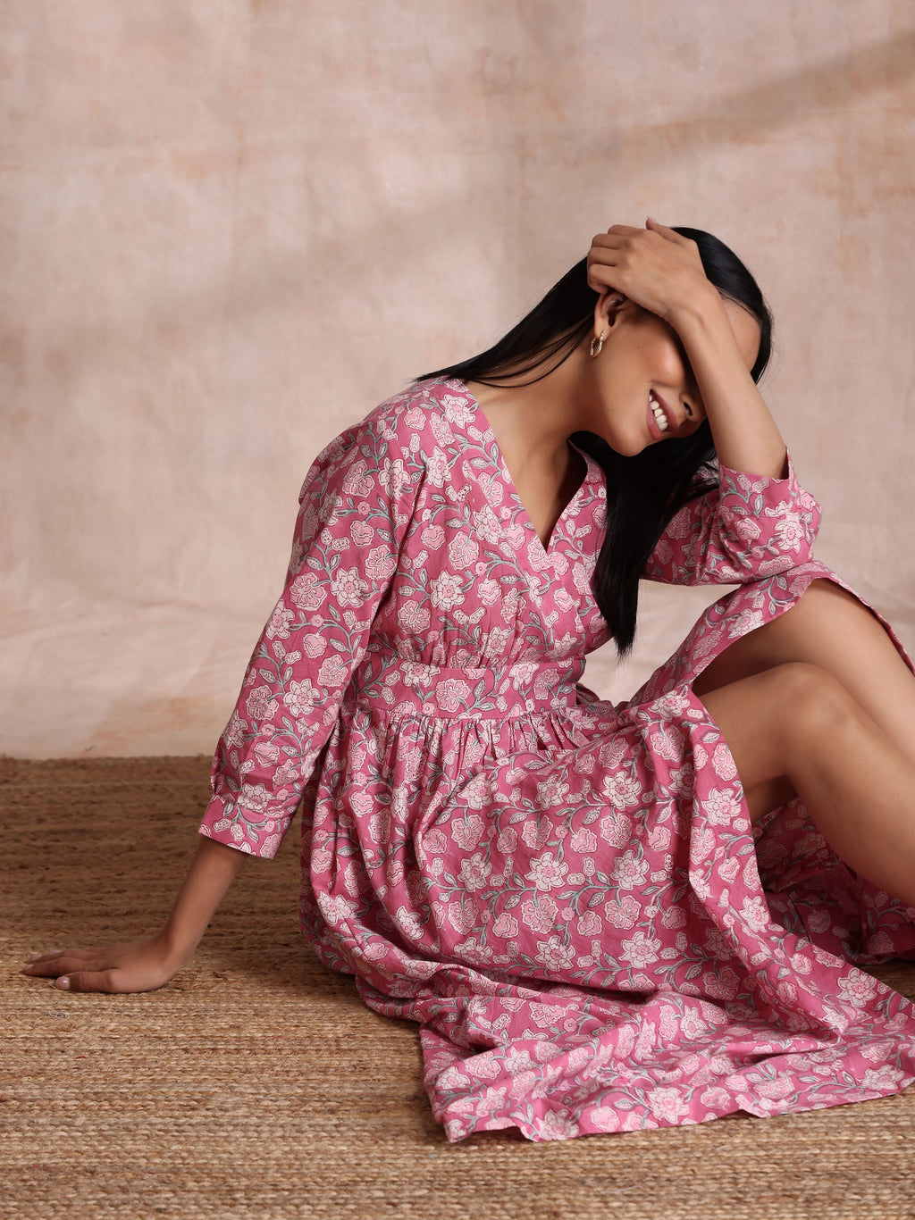 trueBrowns Pink Overall Floral Block Print Cotton Wrap Dress | Grocsy