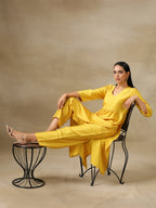 trueBrowns Yellow Textured Silk High Slit Gathered Kurta Set | Grocsy
