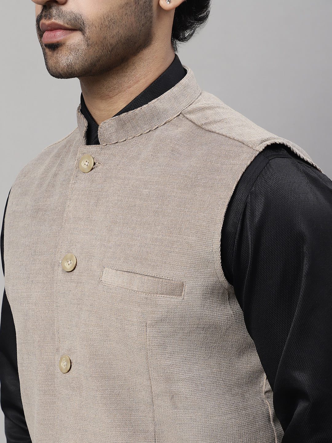 Even Apparels Men's Beige Nehru Jacket With Welt Pockets | Grocsy