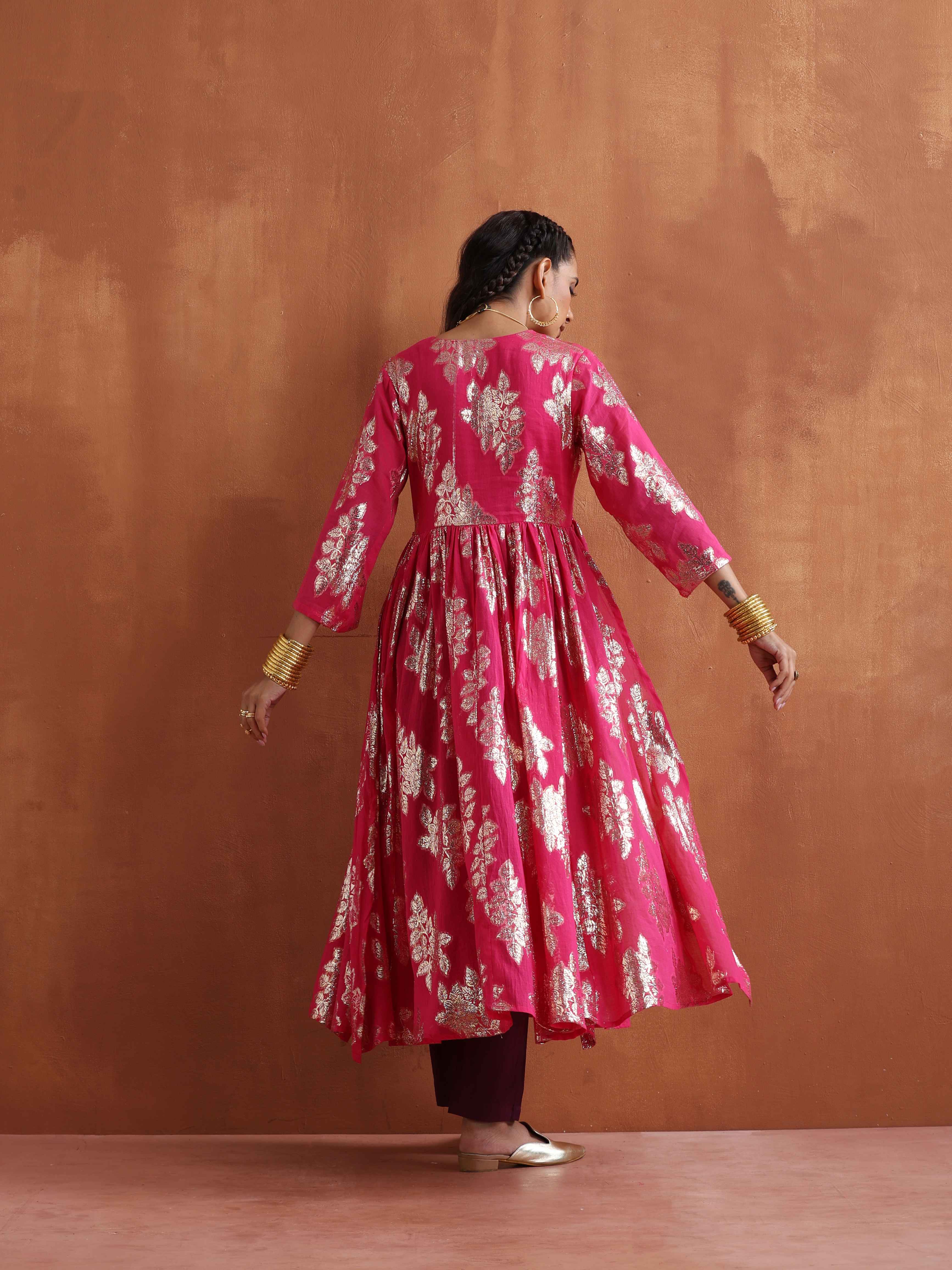 trueBrowns Pink Metallic Flared Anarkali Kurta Set | Grocsy