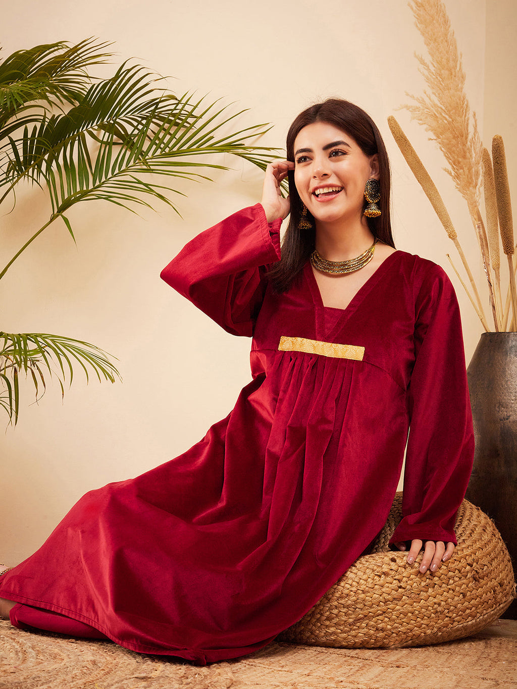 InWeave Women's Barn Red V Neck Asymmetrical Pleated Velvet Kurta Set | Grocsy