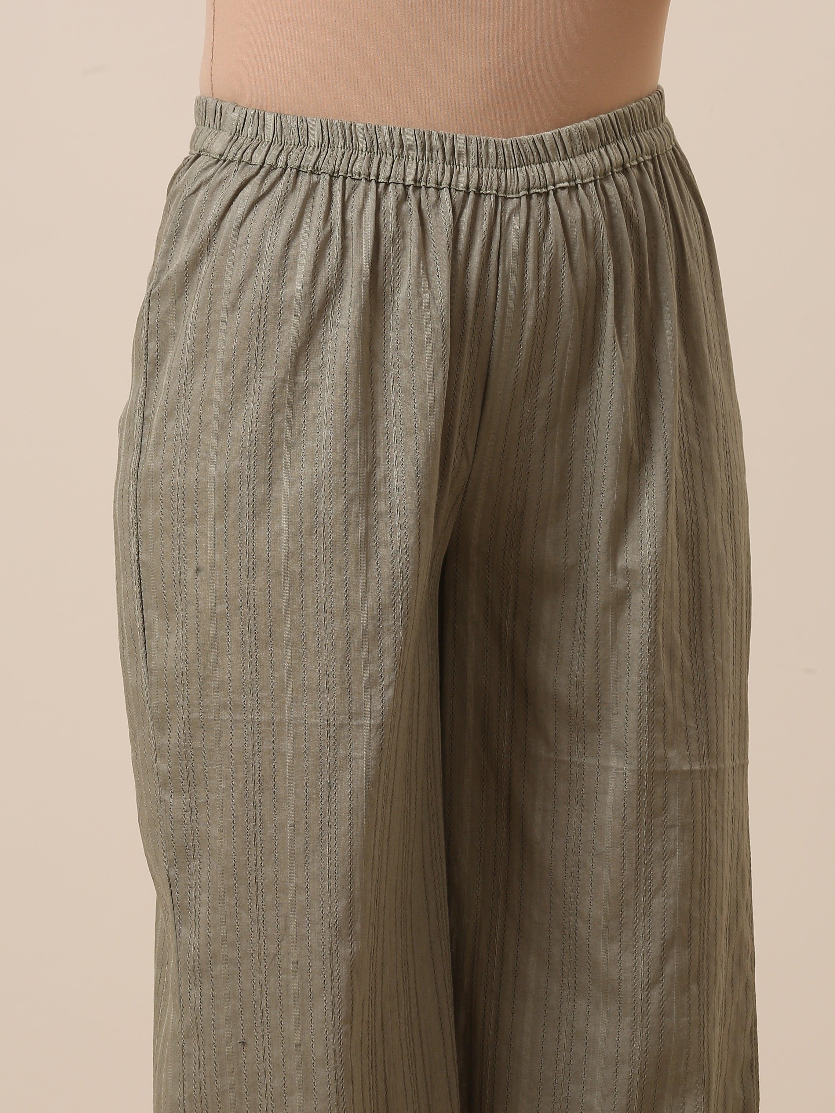 trueBrowns Cotton Olive Green Flared Slit Kurta Pant Set | Grocsy