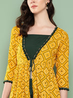InWeave Women's Green Top Bottom W Mustard Bandhej Long Shrug Set | Grocsy