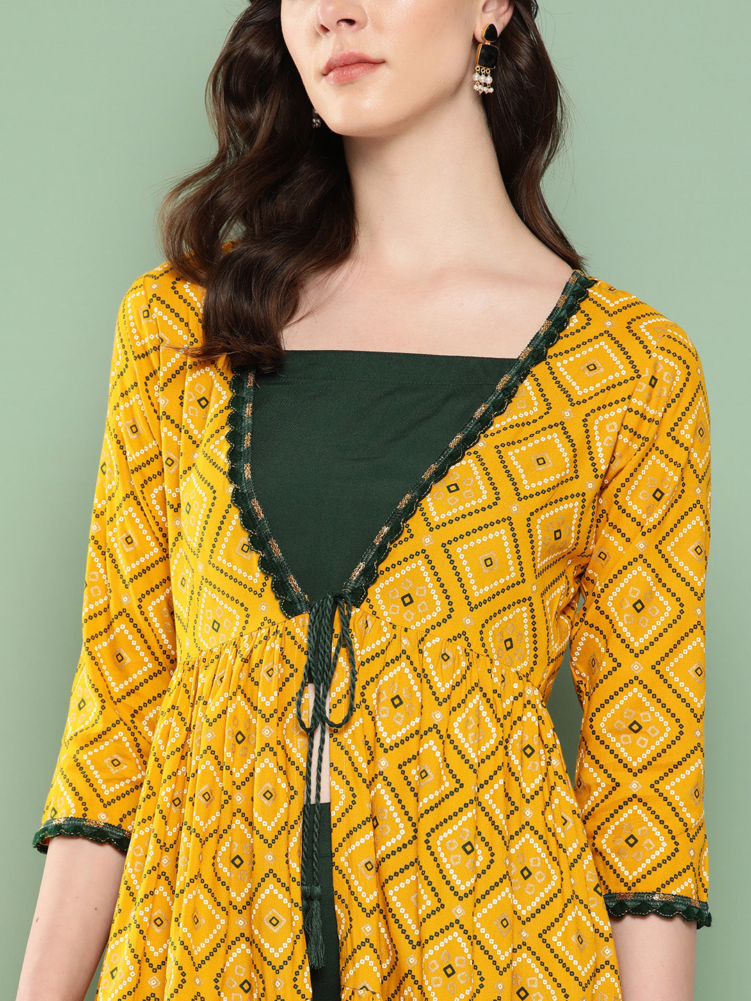 InWeave Women's Green Top Bottom W Mustard Bandhej Long Shrug Set | Grocsy