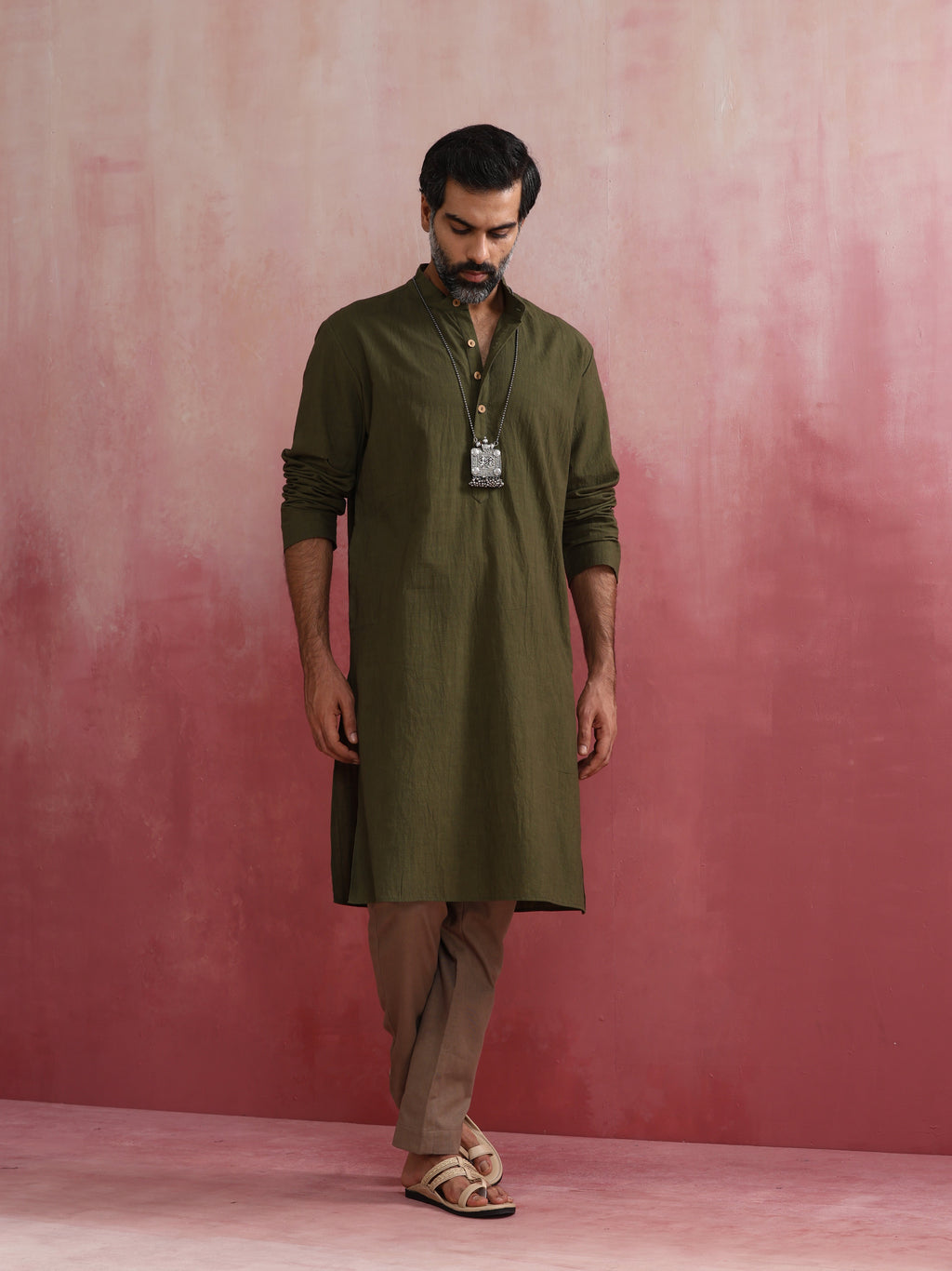 trueBrowns Men's Olive green Mandarin Collar Kurta | Grocsy