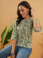 InWeave Women's Sage Green Paisley Print Top | Grocsy