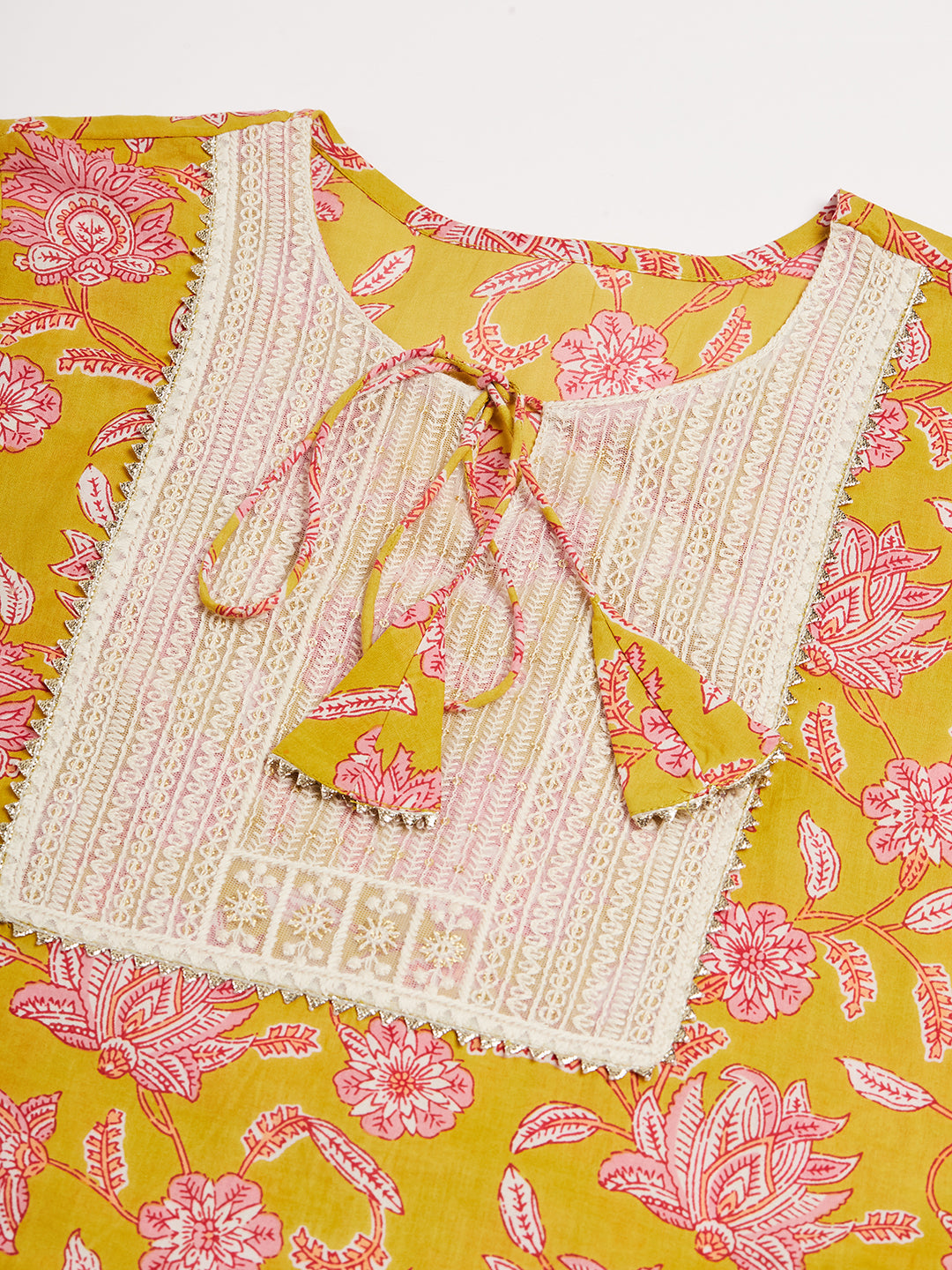 InWeave Women's Lime Pink Print Patch Cotton Straight Kurta | Grocsy